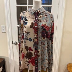 Umgee Rayon Floral Patchwork Button-Down Top. Size L
